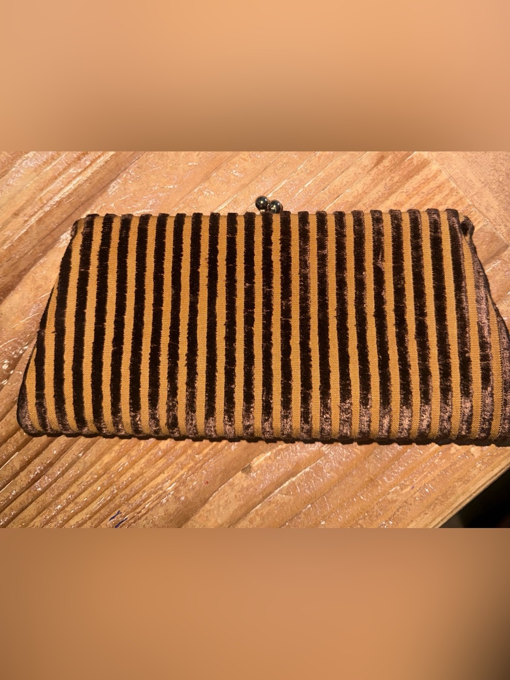 Emma Hope Striped Brown Velvet Wristlet Clutch Satin Lining